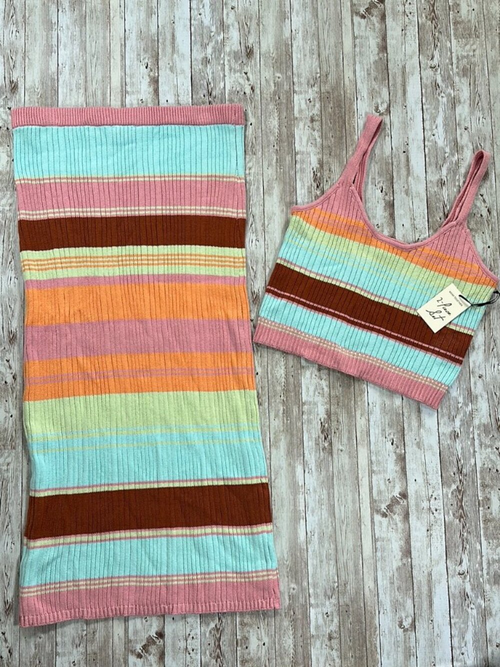 Freshman 1996 sz Large 2 Pc Knit Skirt Tank Top Set Multicolor Striped Stretchy